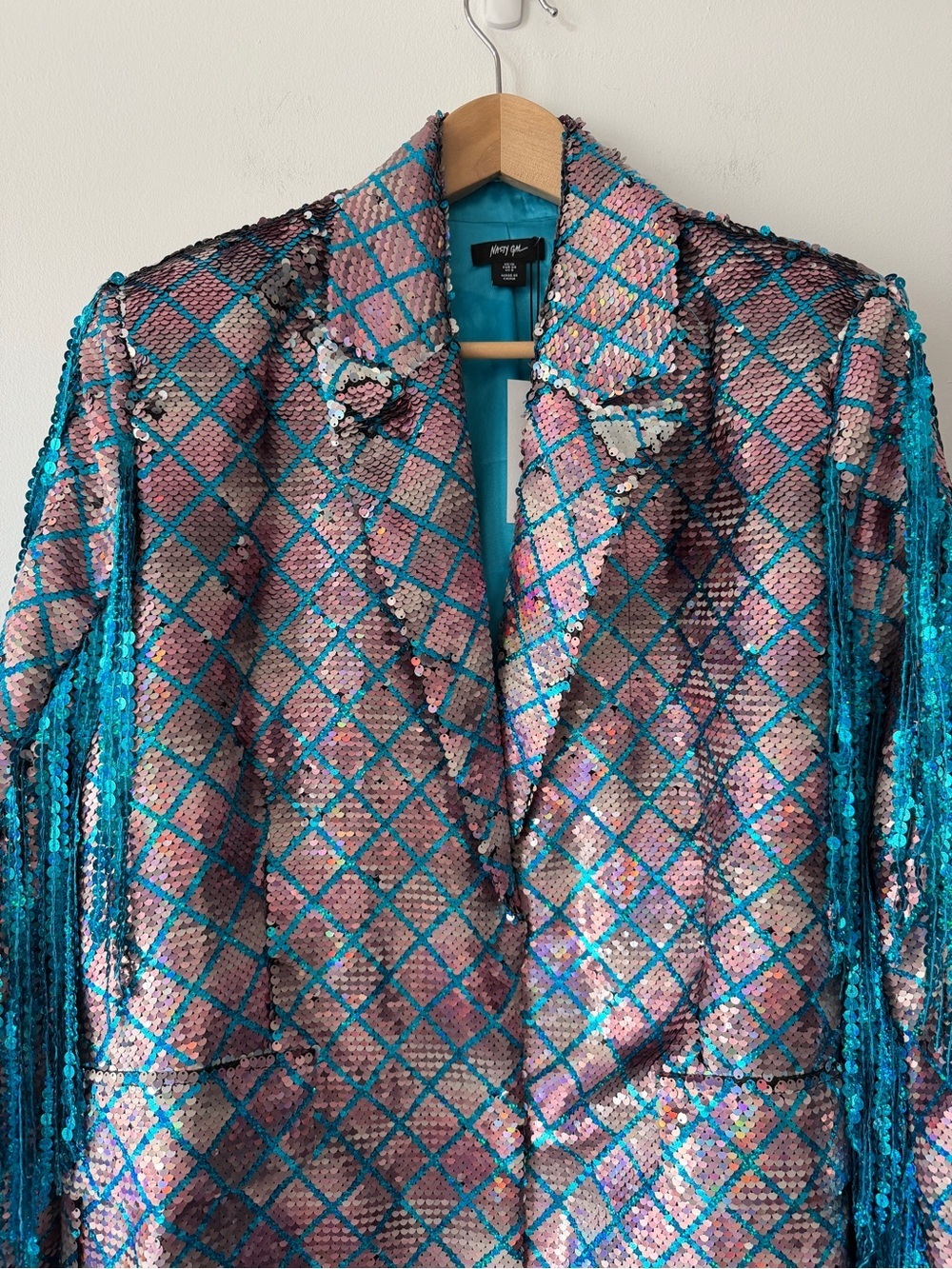 Nasty Gal Premium Sequin Fringe Blazer Rainbow Diamond Check Jacket Size 6 - Picture 4 of 9